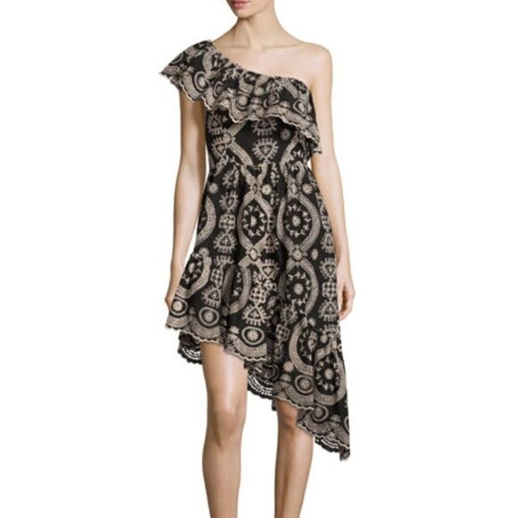 LoveShackFancy Black And Cream Pamela Asymmetric One Shoulder‎ Flounce Dress S - Picture 1 of 14